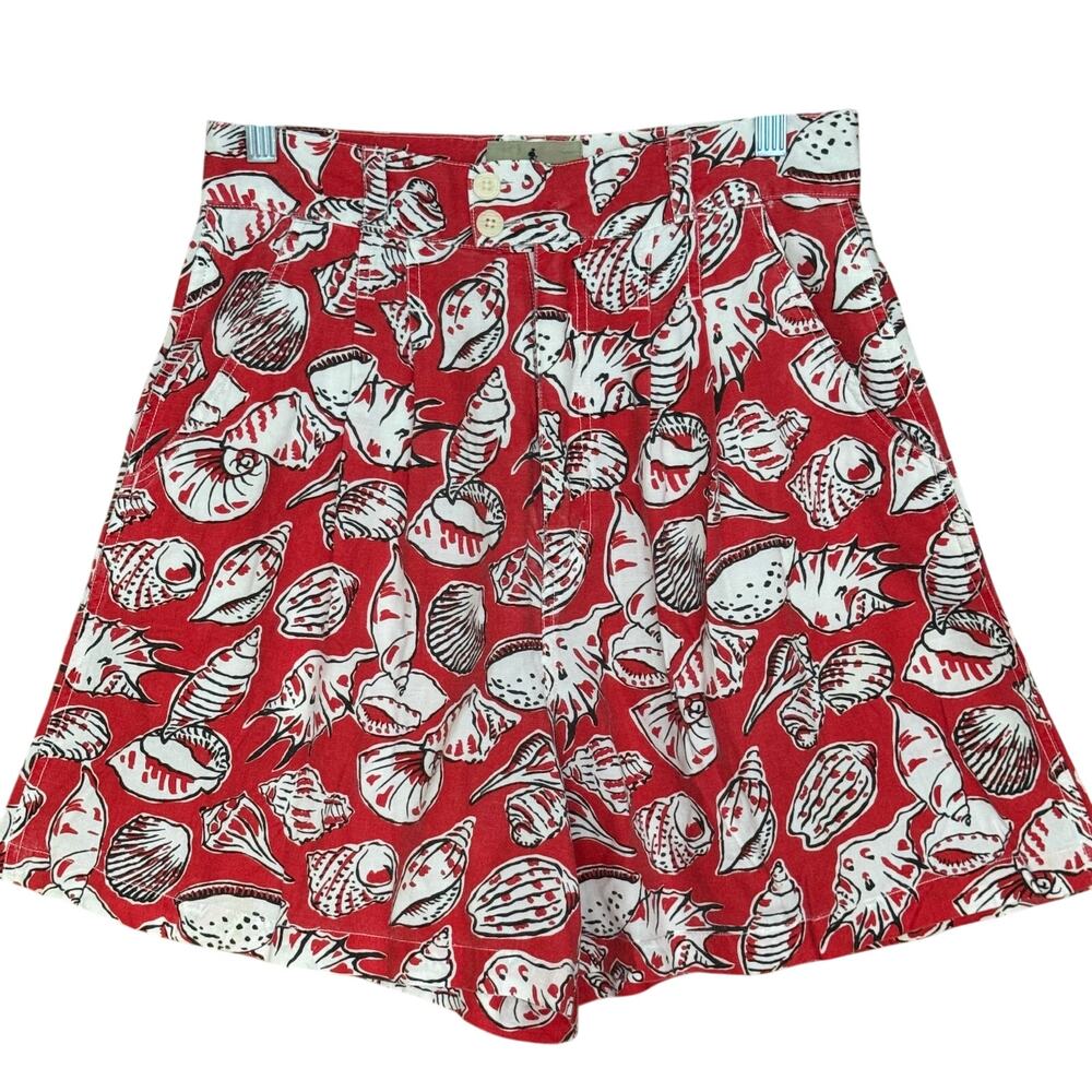Vintage Royal Robbins Red White Seashell High Waist Pleated Cotton Shorts Sz 6 - Picture 1 of 14